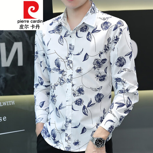 
Pierre cardin printed shirt men's long-sleeved youth floral pattern pure cotton thin slim and fashionable casual floral shirt trendy 723 blue XL 120-133Jin [Jin equals 0.5 kg]