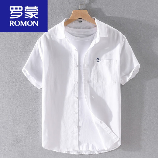 罗蒙（ROMON）男士亚麻短袖衬衫日系宽松薄款夏季青年纯色休闲棉麻料衬衣服 9711黄色 2XL 145斤左右
