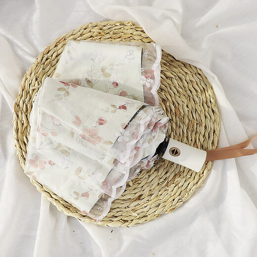 OIMG fully automatic folding umbrella, double layer lace sun protection umbrella, vinyl sunshade, anti-UV sun umbrella, women's sunny or rainy umbrella, automatic model, small petals, pink