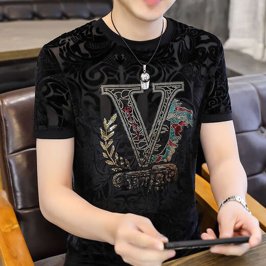 ZHIDOUDOU flocking European goods men's ice silk hollow short-sleeved T-shirt men's 2023 summer top trendy clothes men 3893 blue M -120Jin [Jin equals 0.5 kg]