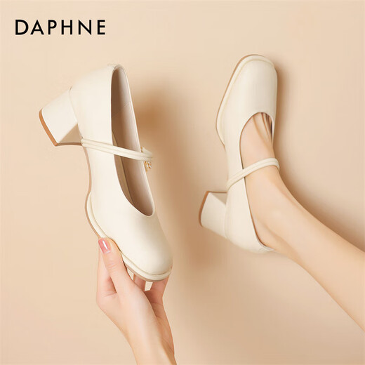 达芙妮单鞋女气质方头高跟玛丽珍鞋一字带女鞋子4024101109 米色 36