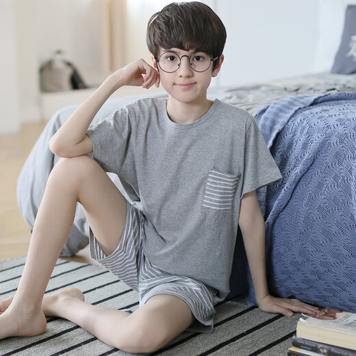 曼妮朵男童睡衣夏季新款短袖男孩纯棉儿童大童全棉薄款青少年家居服套装 N6621【双短】 160 M码建议155-160cm