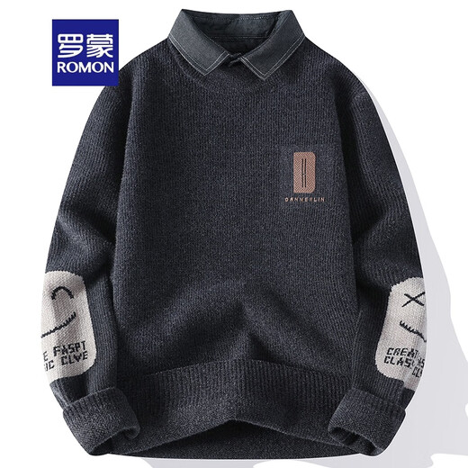 ROMON shirt collar sweater men's autumn and winter style plus velvet thickened fake two-piece sweater men's loose casual inner sweater R9901 m white plus velvet L about 110-125 Jin [Jin equals 0.5 kg] can be worn