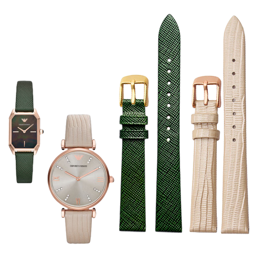 HKWF adaptiert an Armani Jurgent Lederband voller Sterne kleine quadratische Uhr AR11149 AR1681 1726 kleines grünes Gurt Echsenmuster Beige-Rose Gold Pin Schnalle 14mm