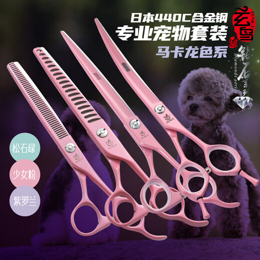 Black Bird Professional Pet Grooming Scissor Tool Set Straight Cut Curved Scissor Teeth Scissors Fish Bone Scissors Special for Dog Shearing and Trimming Violet 7 Straight + 7 Curved + 6.5 Teeth + 7 Fish Bone