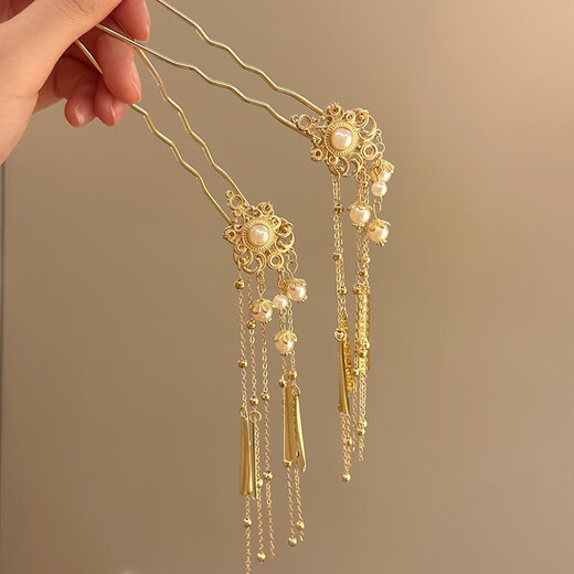 WEISHINI Nancheng Haori National Style New Chinese Style Pearl Gold Tassel Step Shaking Hairpin Hair Accessory Feminine U-shaped Hairpin Headpiece Imitation Pearl Tassel Hairpin Single A10-202
