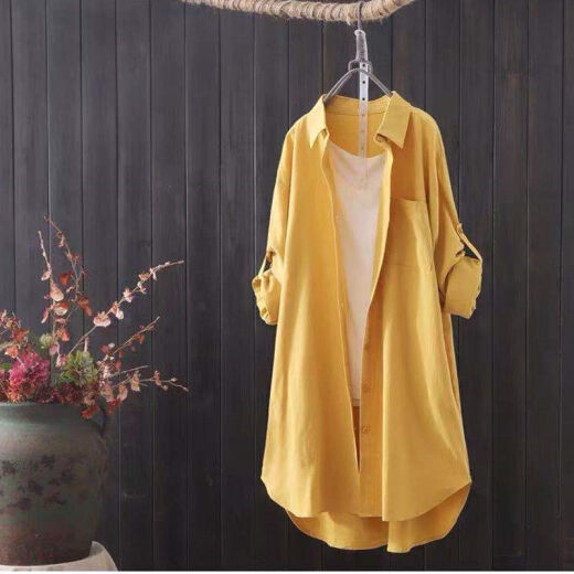 Yimuqi recogido camisa de algodón de manga larga para mujeres a mitad de longitud 2022 chaqueta de primavera y otoño nueva cárdigan literario cálvula 679 m