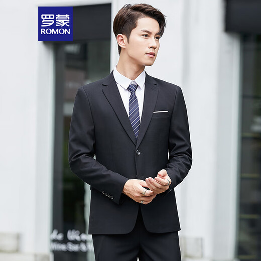 ROMON Suit Men's Slim Professional Formal Wear Groomsmen's Wear Wedding Dress Two-piece Set 2318 Black XL