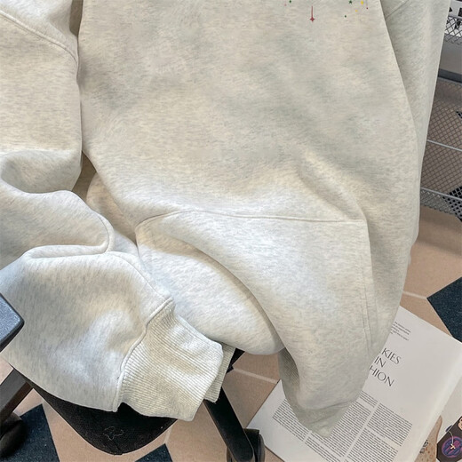 Nasawassup American retro shooting star hooded trendy sweatshirt for men and women, autumn and winter velvet thickened couple heavyweight loose top, white and gray style-M01 velvet L recommended 110-130Jin Jin equals 0.5kg