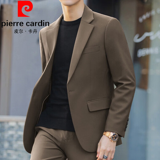 Pierre Cardin men's brown suit spring and autumn slim handsome casual small suit jacket men's Korean style trendy wedding top apricot suit + pants + white shirt M