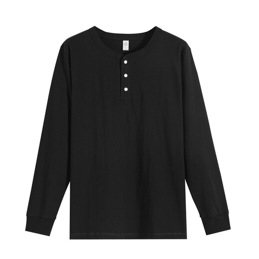 Joe Bonner 250g American Henry shirt long-sleeved pure cotton thick spring and autumn top loose Henry collar bottoming T-shirt for men and women, dark night black L