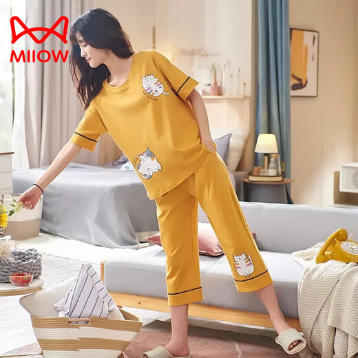 猫人（MiiOW）纯·棉睡衣女2025年新款夏季短袖七分裤薄款休闲外穿家居服套装 七分：AD683 女L