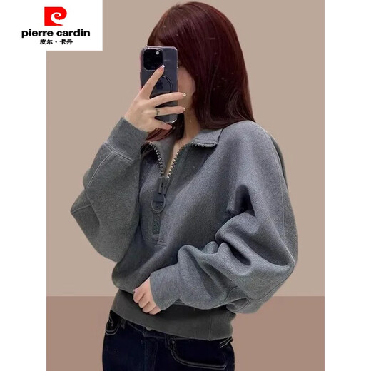 Pierre Cardin gray sweatshirt for women spring and autumn 2024 loose niche short half-zip top fashionable age-reducing jacket gray XL 125-140Jin Jin is equal to 0.5 kg