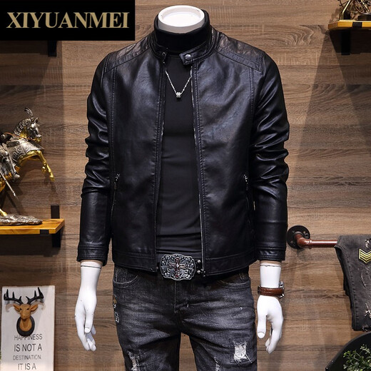 Mi Nishihara men's stand-collar leather jacket autumn Korean style trendy slim handsome leather jacket men's jacket FD6915 black M