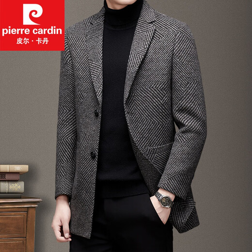 皮尔卡丹2022冬季新款羊毛大衣男外套西装领中年条纹中长款毛呢大衣针织 咖色 L 175