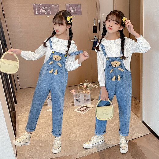 Jianzifeifei (Jianzifeifei) girls' pants loose denim overalls spring and autumn autumn clothing for middle-aged and older children new trendy casual trousers blue - bear overalls trousers size 160 recommended height around 145-155 cm