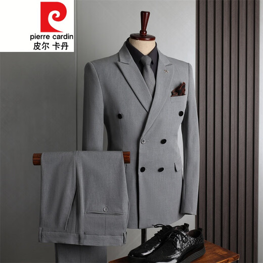 Pierre Cardin suit men's British style double-breasted business casual suit three-piece groom's wedding dress navy blue (suit + pants) 2XL (190)