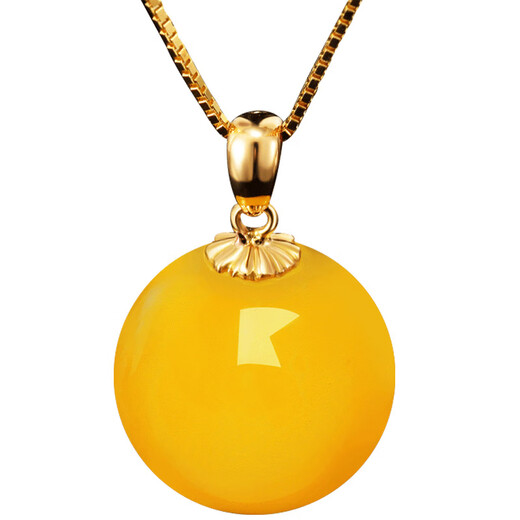 MUJUE Beeswax Amber Chicken Fat Yellow Round Bead Pendant 18K Gold Necklace Women's Transfer Bead Pendant Bead Diameter 11-12mm (Standard Style) Silver Chain
