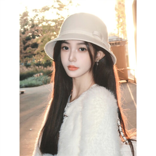 Qiao Meiting daughter style white Hepburn style small top hat big head circumference temperament fisherman hat women spring and summer French elegant basin hat trend white-one-byte woolen basin hat adjustable