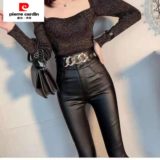 皮尔卡丹（pierre cardin）加绒皮裤女秋冬新款高腰外穿打底裤哑光显瘦紧身小脚铅笔裤子 现货/系带皮裤【9921款】 加绒 S 【80-95斤】卡码往大拍