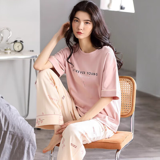 莫代尔睡衣女2025年新款夏季棉短袖长裤家居服薄款大码女士家居服套装 7371 M 【建议80-105斤】