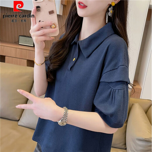 Pierre Cardin polo collar waffle short-sleeved T-shirt for women summer 2025 new loose large size short half-sleeved fake two-piece navy blue M suitable for 80-110Jin Jin is equal to 0.5 kg
