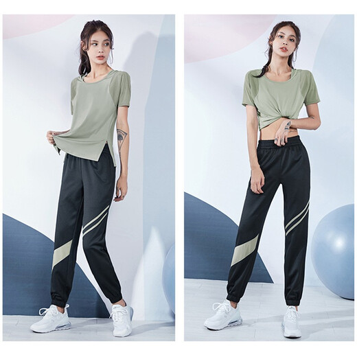 范斯蒂克 运动套装女夏季短袖跑步服宽松透气训练健身服拼网休闲瑜伽服 黑色两件套 FTC11162 L