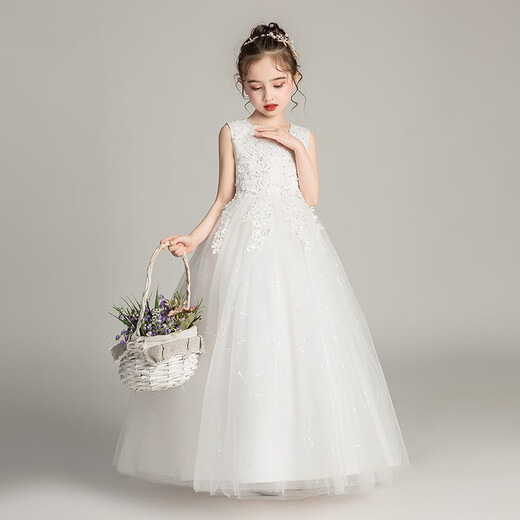Dev Ake Kinderkleid Girl Prinzessin Rock Moderatorin High-End Piano Performance Evening Kleid Kleid mit kleinem Mädchen Hochzeits Sommer Big Boy BX683 Langhändler weiße 150 (vorgeschlagen 61-70 Jin [Jin ist gleich 0,5 kg])