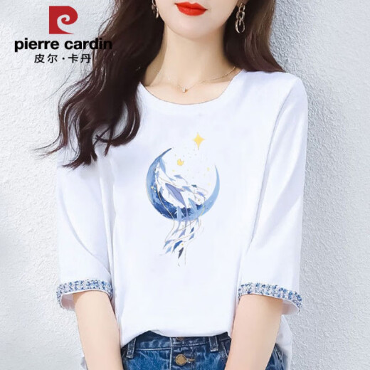皮尔卡丹2025新款春秋纯棉七分袖t恤女士中袖宽松设计感青春短袖夏季上衣 W6161白色+W6172西柚红 M (建议80-105斤)