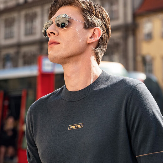 Mr. Bu Round Neck Kurzärärmelte Wolle T-Shirt Frühling und Herbst Neues Brief Logo für die innere Verschleiß von Männern BT12188 Mineral Grey M (170)