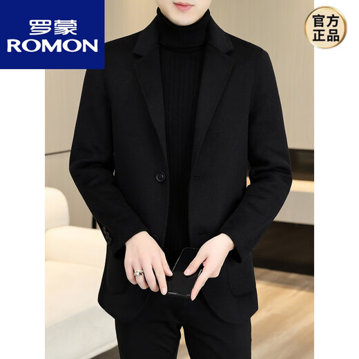 罗蒙（ROMON）羊毛呢大衣男士高端休闲双面呢西装男装秋冬季短款羽绒内胆外套男 LKX-MN08662黑色 【100羊毛双面 M 【90-110斤】