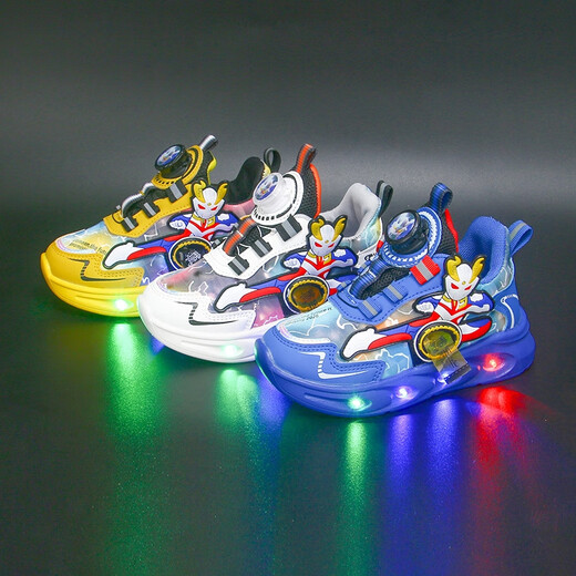 
GDUCK KIDS Ultraman Boys Shoes 2024 New autumn and winter plus velvet luminous shoes Children's rotating button anti-slip sports shoes Blue Ultraman leather 9923 Rotating button light 28 Inner length 17.3 cm