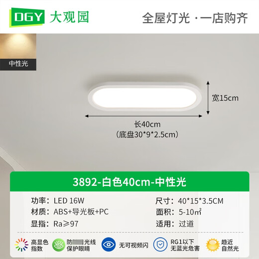 大观园（DGY）过道灯走廊灯led吸顶灯现代简约北欧长条客厅灯书房阳台灯具263 3 3892-白色40cm-中性光16W-全光谱