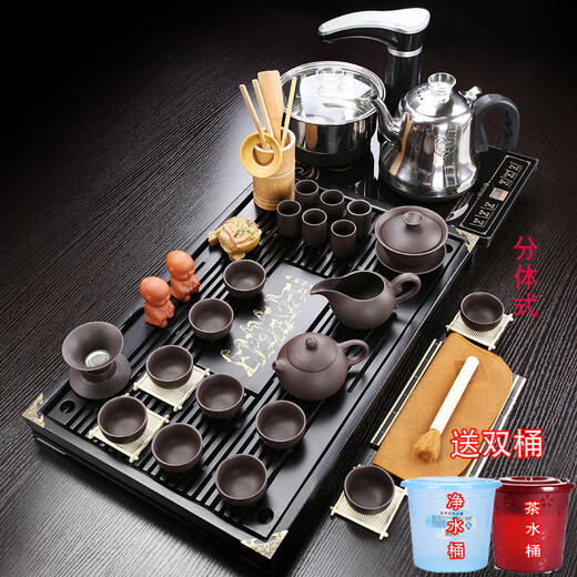 Empty cicada purple sand kung fu tea set home set living room fully automatic water boiling kettle tea tray tea table simple teapot tea cup 02 horse pan Tang poetry tea set automatic black