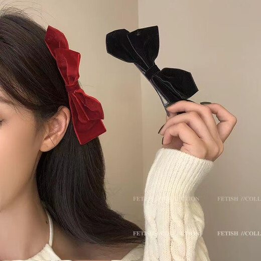 伊莉洛复古黑色丝绒蝴蝶结发夹女后脑勺公主头侧边刘海对夹一字夹发饰品 双层双面绒蝴蝶结边夹-[黑色]2只