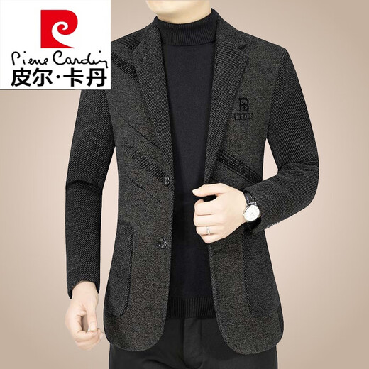 皮尔卡丹（pierre cardin）休闲中年男士西服羊毛呢子外套修身小西装春秋季新款男装针织 黑色 170/M(90-110斤)