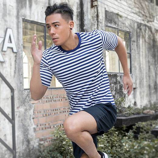 致情怀海魂衫体能服训练服套装男夏季海洋蓝白条纹圆领速干透气体能训练 海魂衫单上衣 165-17084-88