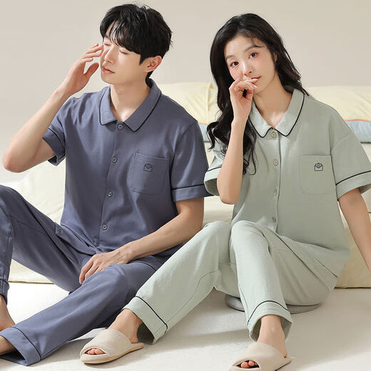 Manzhizhuang couple pajamas short-sleeved trousers for men cool pure cotton summer thin female parents can wear home clothes suit autumn 12605 single female L (recommended 100-120 Jin [Jin equals 0.5 kg])