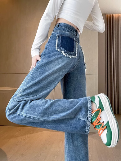 Commander Bear Hohe Taille gerade Jeans für Frauen lose und schlank 2025 Neue Frühling und Herbst kleiner Körpergrenze kontrastweit Beine Hosen HN693 Inman Retro Blue SPISCH 95JIN [JIN entsprechen 0,5 kg]