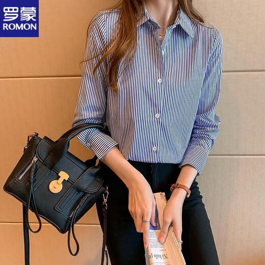 ROMON plus velvet striped shirt for women 2026 autumn new blue design niche shirt autumn and winter long-sleeved tops versatile blue and white stripes (plus/velvet style) XL
