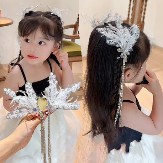 瑜尚臻品 发夹儿童女羽毛蝴蝶流苏发夹高级发卡头饰气质小女孩水钻边夹子 水晶羽毛发夹【一对】