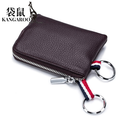 袋鼠（KANGAROO）真皮迷你钥匙包小钱包一体软皮拉链硬币驾驶证钥匙包卡包收纳包 黑色