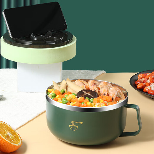 Baijie 304 stainless steel instant noodle bowl lunch box with lid, sealed and anti-scalding, student lunch box, office worker rice bowl, dark green 1300ml