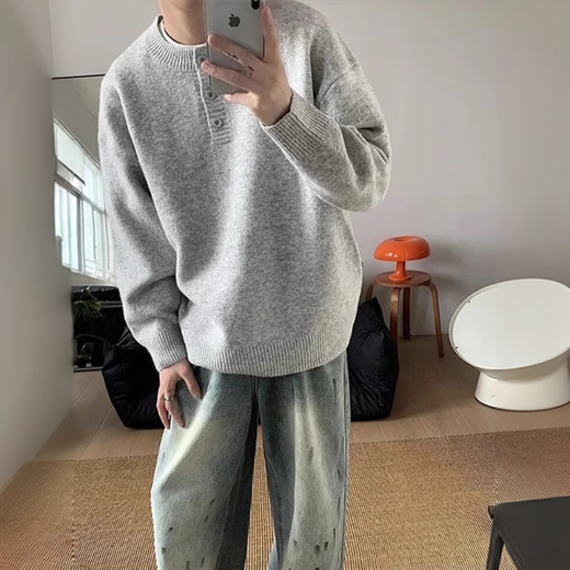 Yiran presents American Henry collar sweater for men in winter new high-end lazy style bottoming sweater cleanfit jacket for men light gray L recommended 120-135Jin Jin equals 0.5 kg