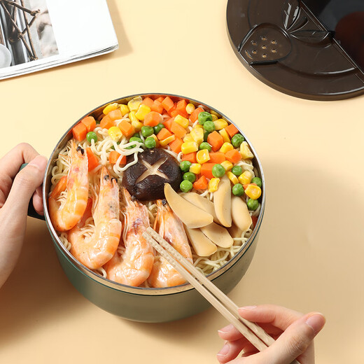 Baijie 304 stainless steel instant noodle bowl lunch box with lid, sealed and anti-scalding, student lunch box, office worker rice bowl, dark green 1300ml