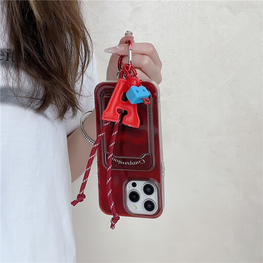AOI también se aplica a la caja de teléfonos móviles Apple 16Promax Nueva bolsa de tarjeta con cordón con Lanyard iPhone 15 Women's 14 Red 13 [Bag Card Wine Red Love] + Bracelet iPhone 15