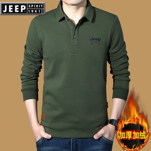 JEEP SPIRIT2025 Autumn and Winter Lapel Long Sleeve Velvet T-shirt Men's Slim Large Size Thickened Warm Polo T-shirt Top Army Green 3XL 185Jin Jin equals 0.5kg -200Jin Jin equals 0.5kg About