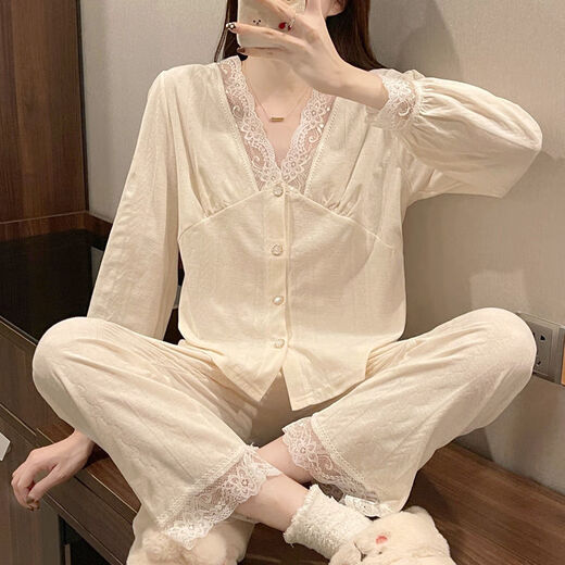 Wanmanduo cardigan pyjamas féminin coton automne style dentelle sexy dentelle à manche en V Célébrité Internet court spectacle 1 3882 # abricot jacquard m recommandé 80-105 Jin [Jin est égal à 0,5 kg]