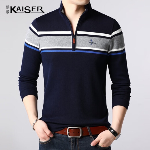 Camiseta César Camiseta de manga larga Soporte de cremallera a rayas Hombres Casco Casual y de mediana edad KS9226 Deep Blue 185/100a