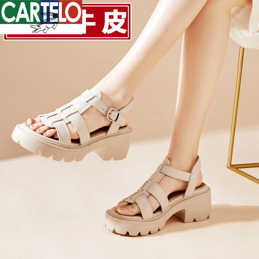 CARTELO thick-soled genuine leather sandals for women, cowhide thick heel soft-soled sponge shoes, Roman knitted women's shoes 2025 new summer 9905 meters white [simple one-line upper] 37